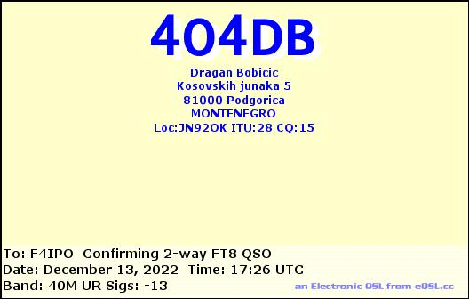 QSL de 4O4DB