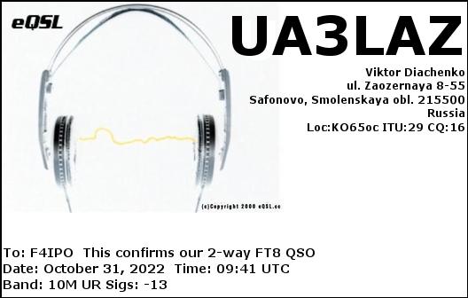 QSL de UA3LAZ